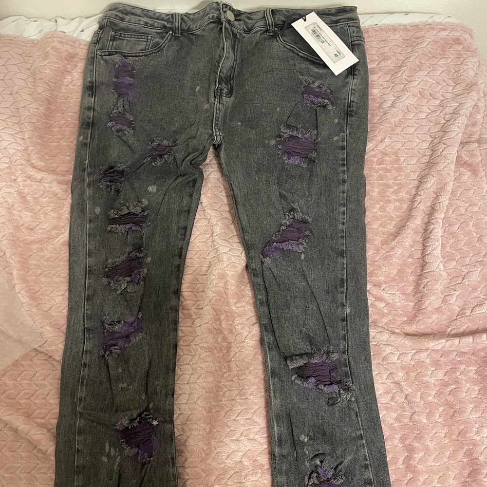 Stylish Gray and Purple Distressed mens stack Jeans